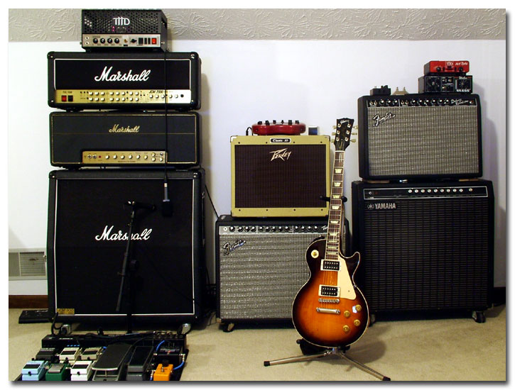 THD Univalve Amp Head, Marshall JCM2000 TSL100 Amp Head, Custom Marshall 1959SLP (Splawn Modded) Amp Head, Custom Marshall 1960A Cabinet, PedalBoard, Line6 PODXT, Custom Peavey Classic 30 Amp, Fender Pro Tube Series Twin Amp, Custom Gibson Les Paul, Sansamp Bass Driver DI, THD Hotplate, Weber Mass, Fender '65 Deluxe Reverb Amp, Yamaha G50-410 Amp