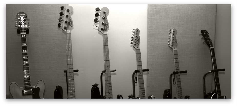 Classic Guitars - Epiphone Sheraton II, Fender American Deluxe Precision Bass, Fender American Standard Jazz Bass, Fender American Deluxe Telecaster, Fender 50th Anniversary American Deluxe Stratocaster, Custom Gibson Les Paul